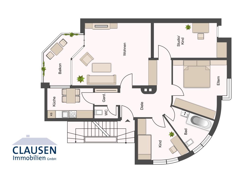 4 Zimmer Wohnung: skizzierter Grundriss