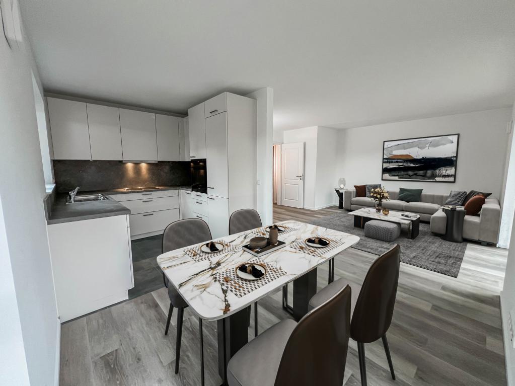 4 Zimmer Wohnung: Wohn- und Essbereich - Digitales Staging