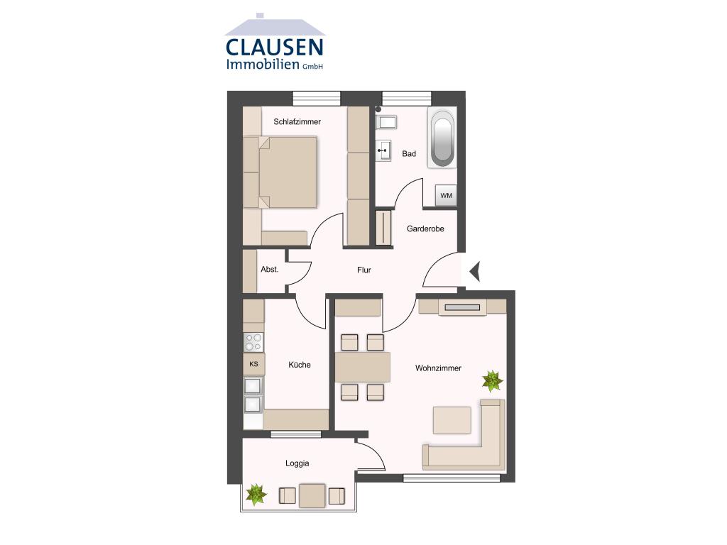 2 Zimmer Wohnung: skizzierter Grundriss