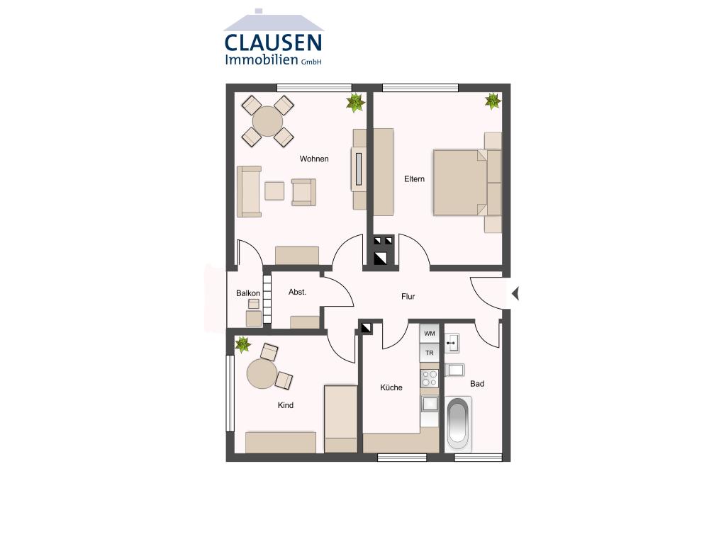 3 Zimmer Wohnung: skizzierter Grundriss